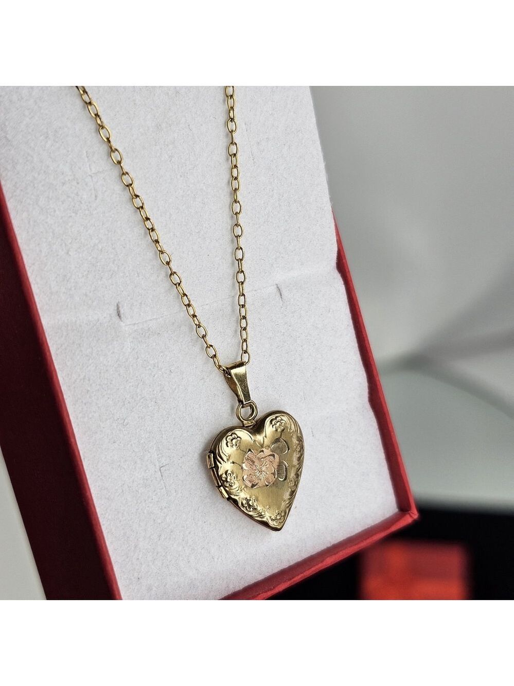 Vintage CMC Gold Filled Heart Locket & Necklace 19” Chain Floral Engraved Wow!